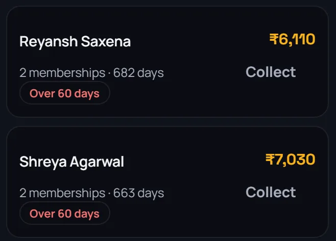 Admin app fees due list with amounts and a Collect button